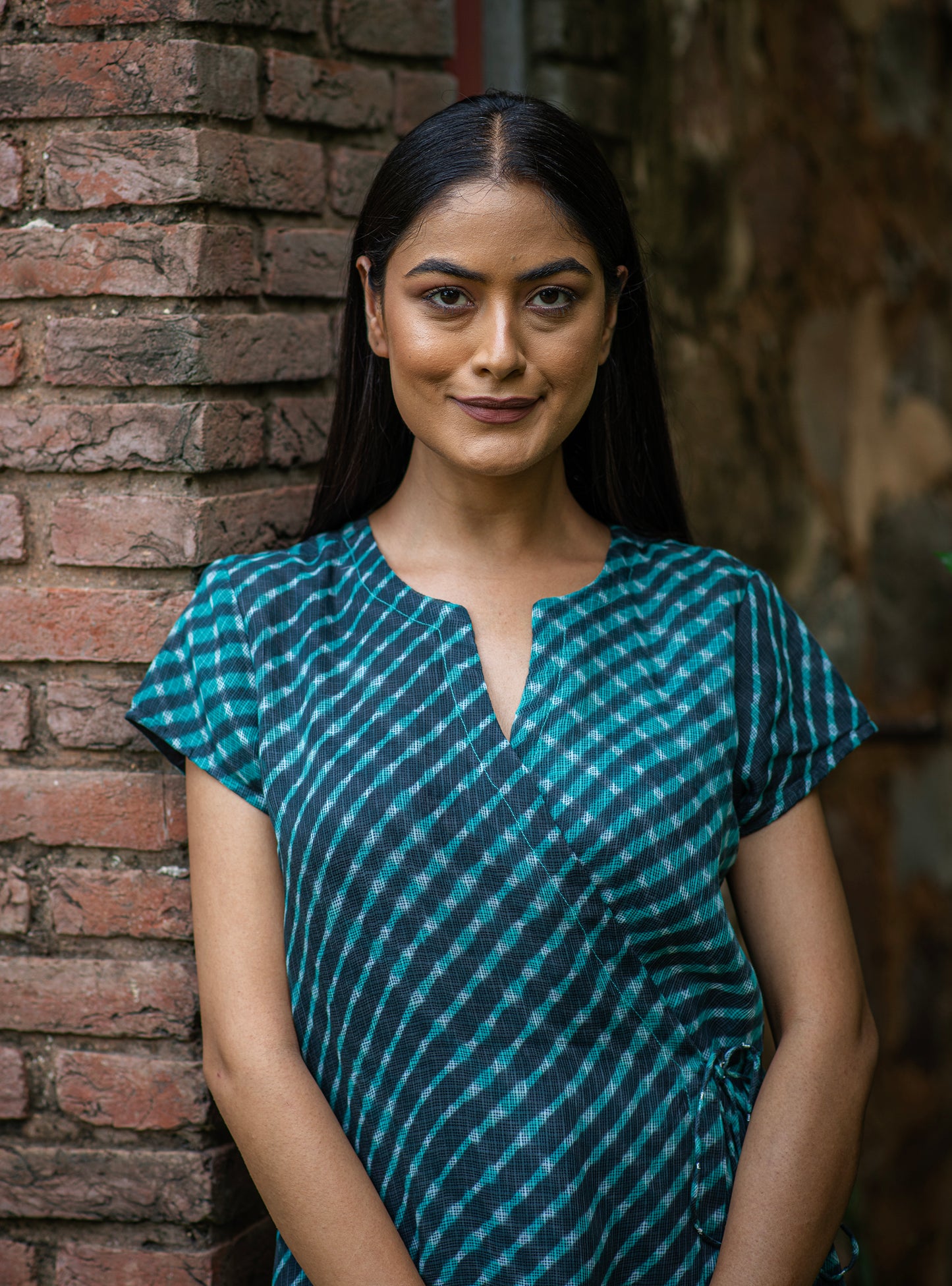 Wrap Dress : Leheriya Teal Kota Cotton