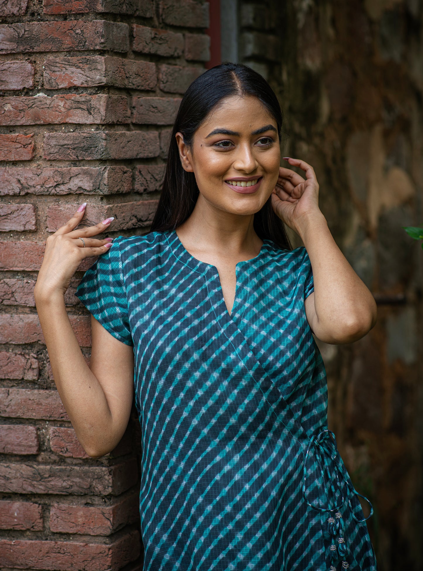 Wrap Dress : Leheriya Teal Kota Cotton