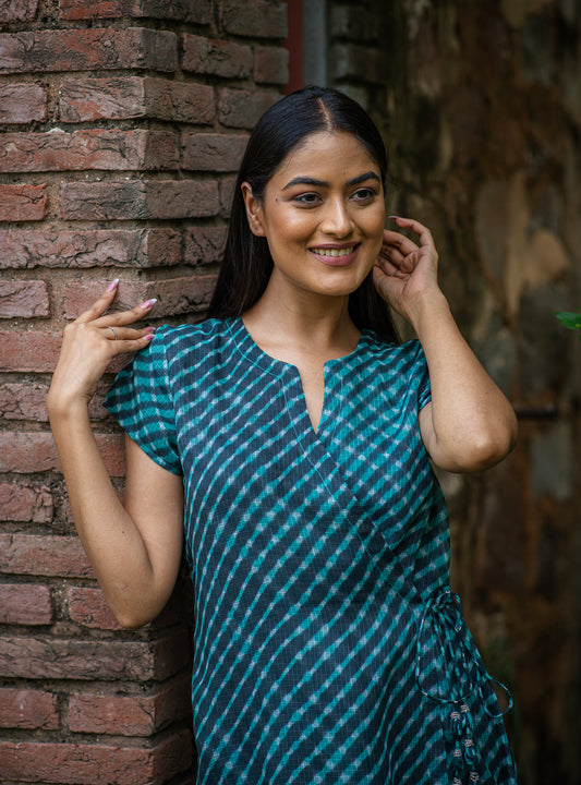 Wrap Dress : Leheriya Teal Kota Cotton