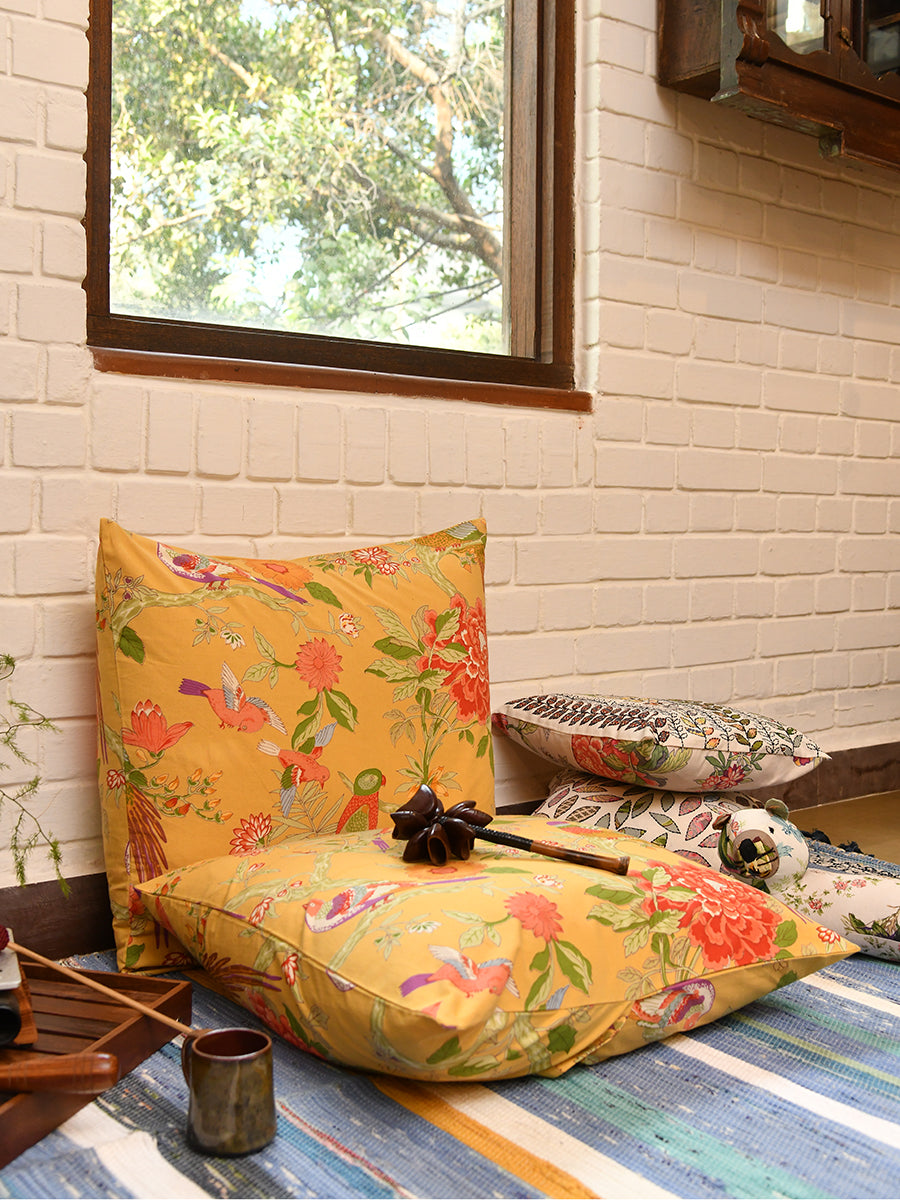 Printed Pillow Cover Reversible : Bird Yellow Sheeting