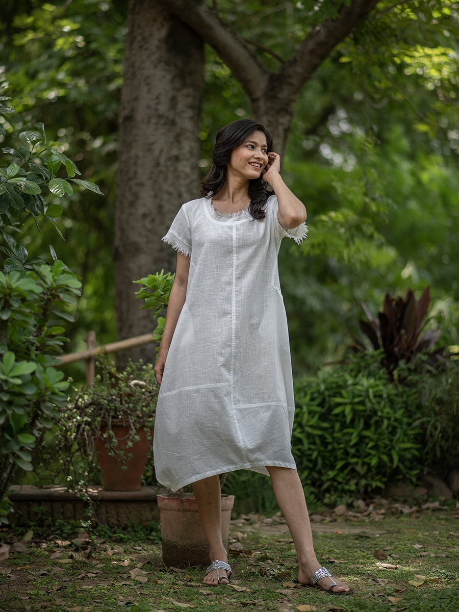 Balloon Dress : Solid White Slub