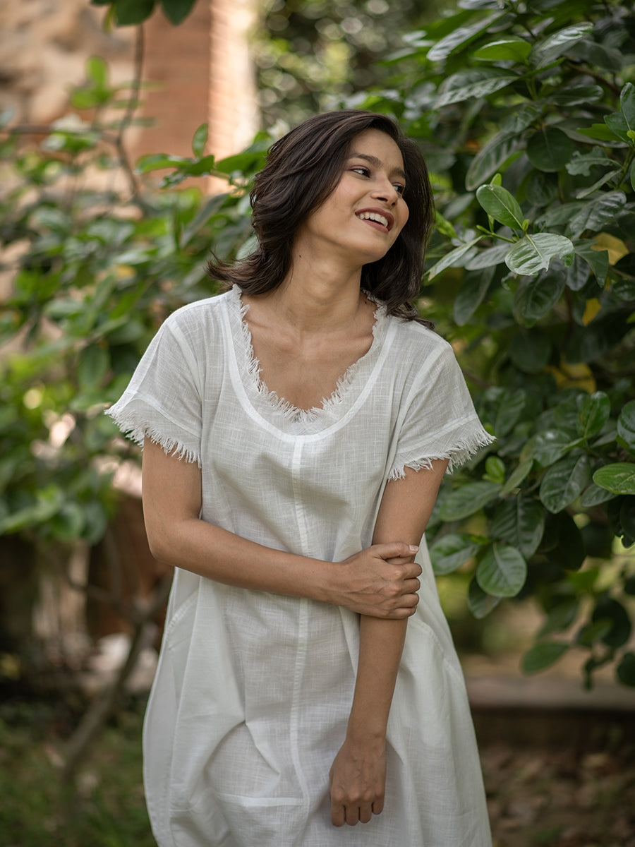 Balloon Dress : Solid White Slub