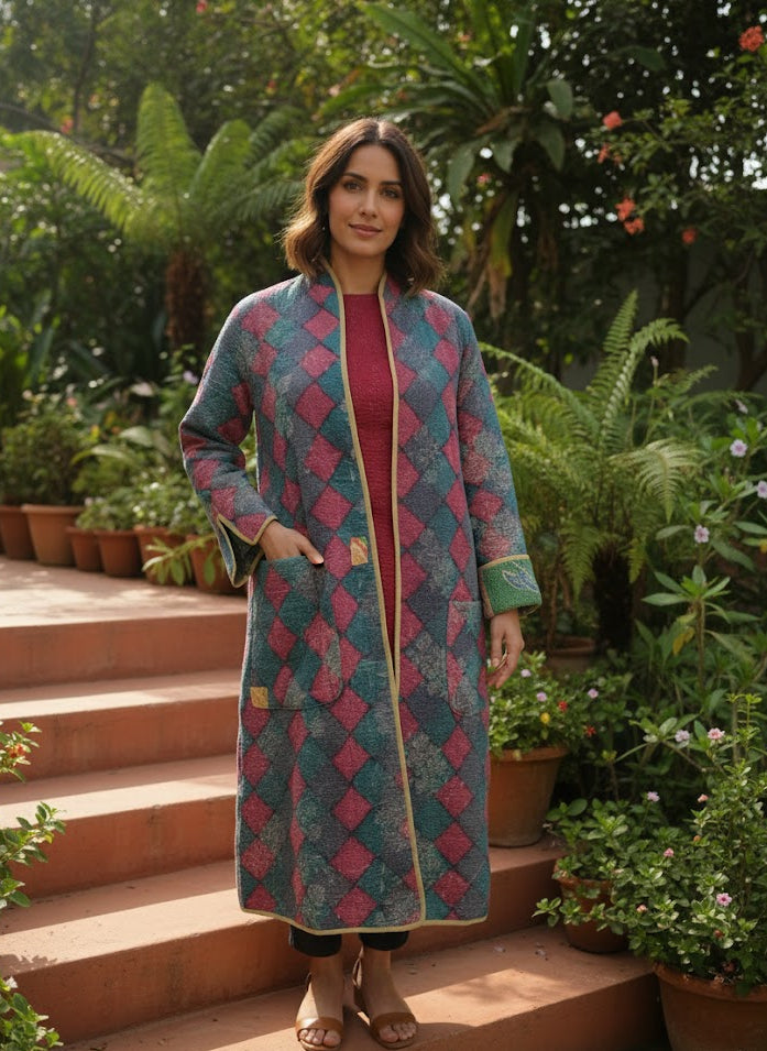 Vintage Cotton Hand-Stitched Long Gudri Jacket : Reversible