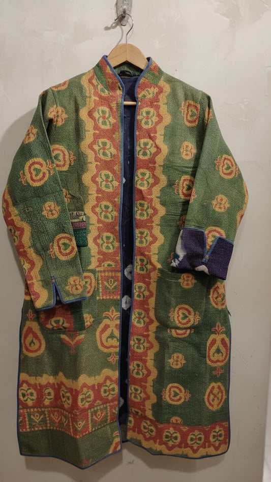 Vintage Cotton Hand-Stitched Long Gudri Jacket : Reversible